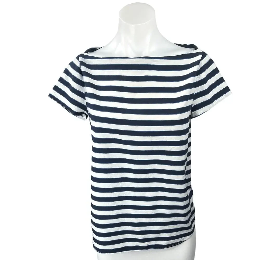 Kate Spade Black White Silk Striped Boat Neck Short Sleeve T Shirt Tee Top 4